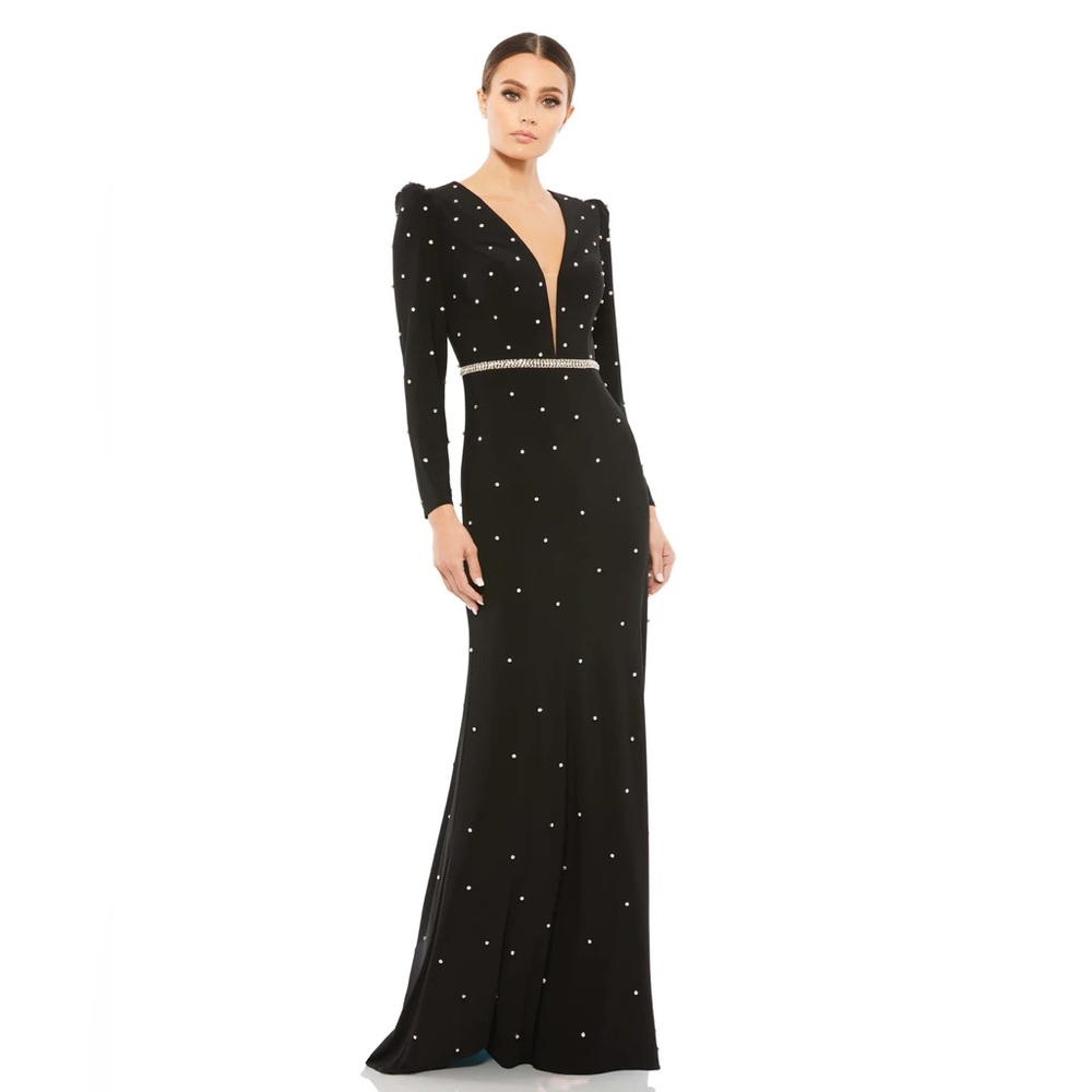 Mac Duggal 67874 Belted Jewel Encrusted Plunge Neck Long Sleeve Gown 6 NWT